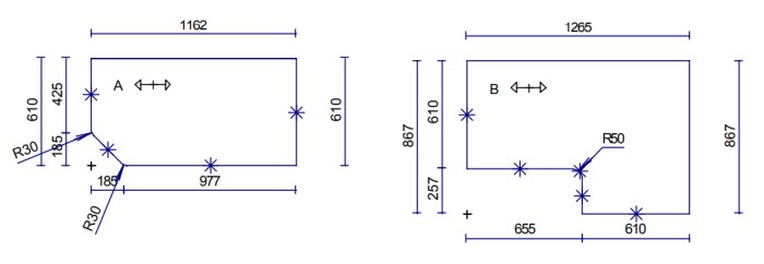Två tekniska ritningar med måttangivelser och detaljer markerade med kryss och bokstäverna A och B.