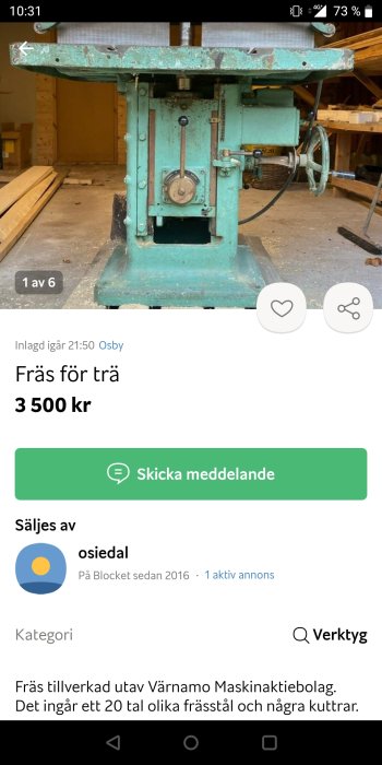 Träfräs maskin till salu, används, turkos, industriell, golvstående, med tillbehör, från Värnamo Maskinaktiebolag.