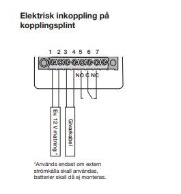 Schematisk bild av elektrisk inkoppling, kopplingsplint, märkningar 1-7, kabelanslutningar, anvisningar på svenska, teknisk illustration.