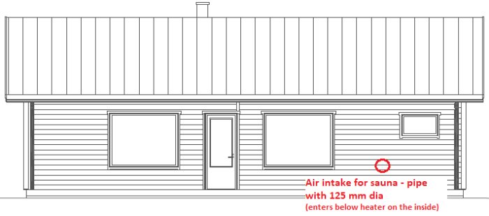 Arkitektonisk ritning av husfasad med notering om luftintag till bastu markerat.