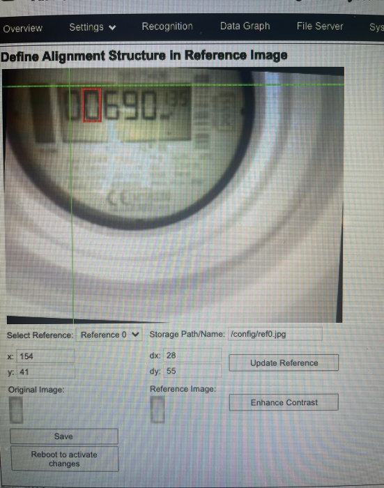 Skärmavbildning av system för bildigenkänning med fokus på numeriskt värde genom förstoringsglas, inställningar och knappar synliga.