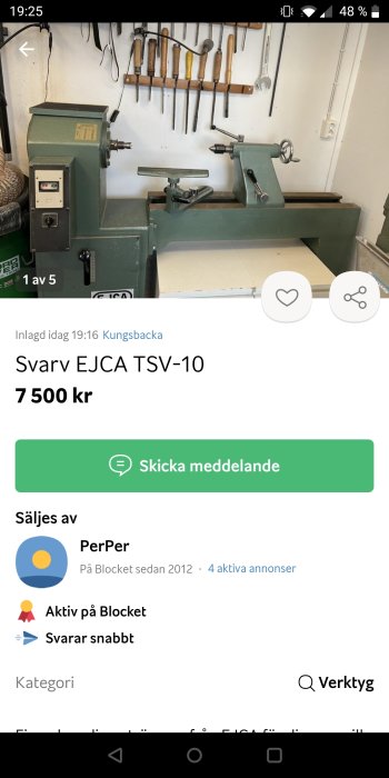 Verkstad med svarv och handverktyg på vägg, till salu, inlagd på Blocket, användargränssnitt synligt.