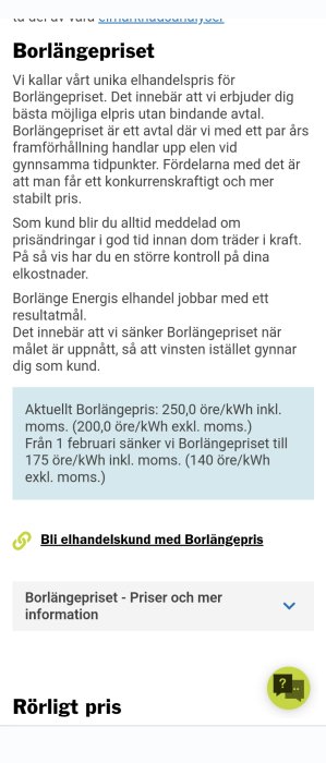 Information om elhandelspris kallat "Borlängepriset" med prisexempel och fördelar för kunder.