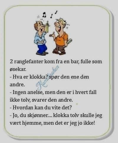 Illustration av två berusade karaktärer, pratbubblor, humoristisk text på norska, vit bakgrund.