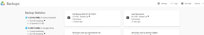 Skärmdump på backup-gränssnitt för Home Assistant och Google Drive, med statistik och två säkerhetskopior listade.