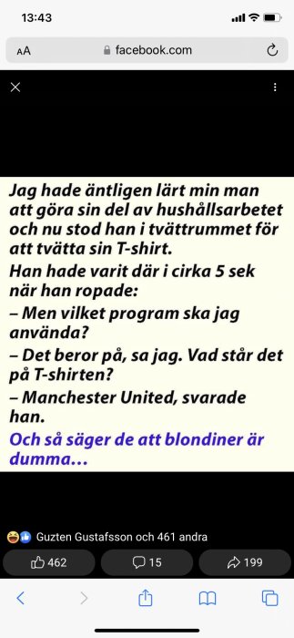 Skämt om man som missförstår fråga om tvättprogram med fotbollslag, många reaktioner och kommentarer på sociala medier.