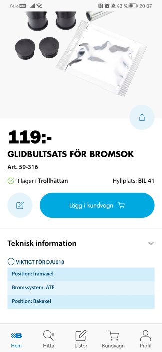 Webbsida som visar en glidbultsats för bromsok till försäljning, pris 119 svenska kronor.