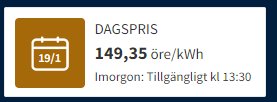 En ikon som visar dagens elpris: 149,35 öre per kWh, datum 19/1, med information om morgondagens pris tillgänglighet.