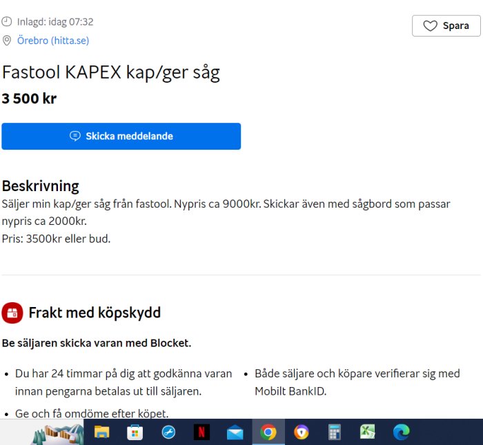 Annonssida med produkt, pris och beskrivning; Fastool KAPEX såg, 3500 kr, förslag om frakt med köpskydd.