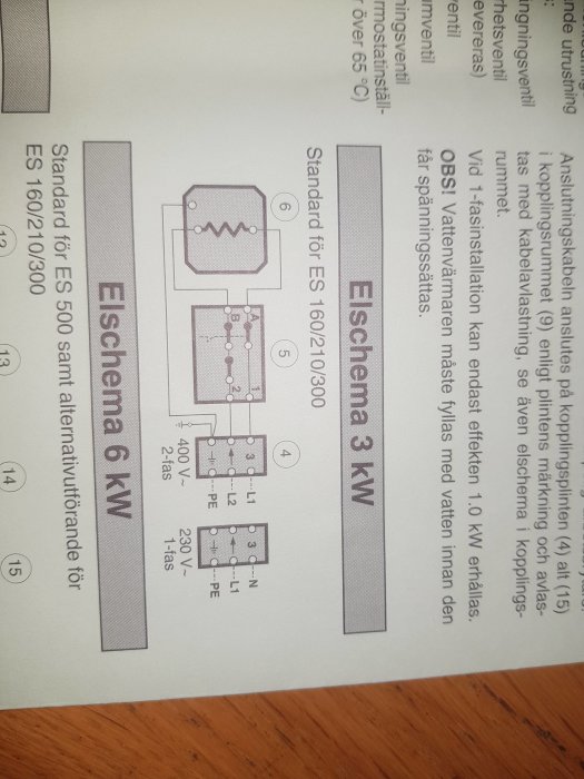 Elektriska scheman för 6 kW och 3 kW anläggningar, med tekniska symboler och specifikationer, på svenska.