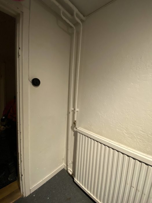 En dörr i ett hörn med synliga rör och en radiator. Inomhus, dålig belysning.