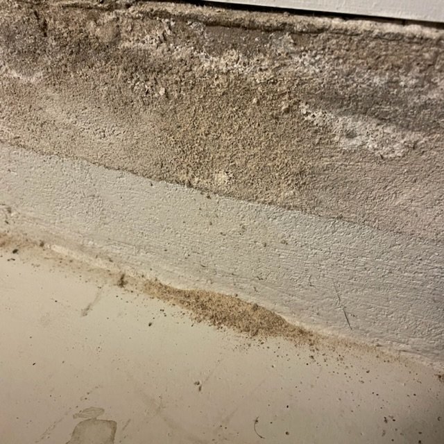 Vägg och golv med tecken på fuktskador och mögel. Behöver underhåll eller sanering.