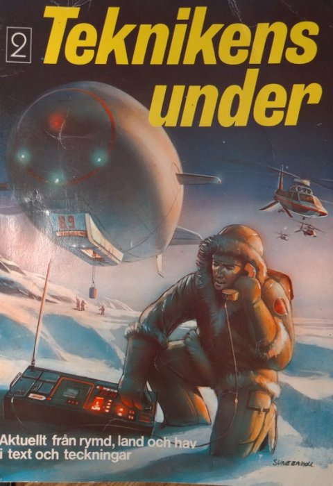 Framtidsscen, radiokommunikation, luftskepp, snölandskap, helikopter, retro science fiction.