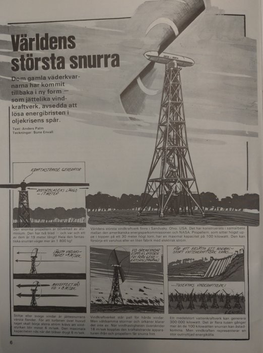 Svartvit sidbild, tidningsartikel, teckningar av vindkraftverk, text på svenska, jämförelse med vattenkraft, energiomvandling.