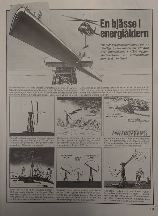 Bild på artikel om vindkraftverk, diagram och illustrationer av vindturbiner, framsteg inom förnybar energi.