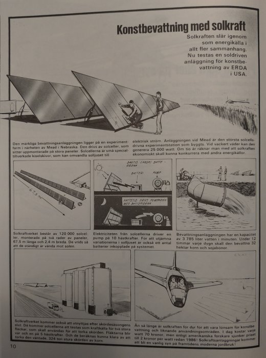 Solkraftverk med speglar, illustrationer, solceller, bevattningssystem, diagram, textbeskrivningar, experimentell teknik.