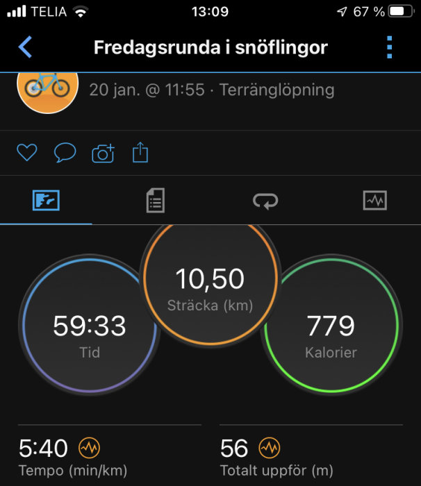 Fitness-appskärm: terränglöpning, 10,50 km, 59:33 tid, 779 kcal förbrukade, 5:40 min/km tempo.