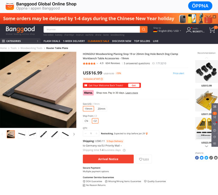 E-handelssida visar träbearbetningsverktyg för försäljning, Banggood onlinebutik, kundrecensioner, prissättning, leveransinfo.