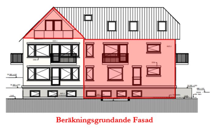 Arkitektonisk ritning, fasadvy av byggnad, målade sektioner, text "Beräkningsgrundande Fasad", måttsatt plan.