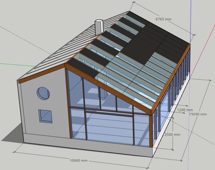 Datagenererad 3D-modell av hus med måttangivelser, genomskinligt tak, fönster, och grå bakgrund.