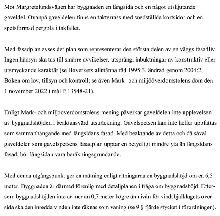 Svartvitt dokument med svensk text om bygglov, riktlinjer, och mark- och miljödomstolens beslut.