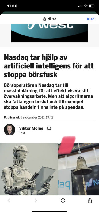 Skärmbild, webbsida, rubrik om Nasdaq och AI, börsbild, humanoid robot, publiceringsdatum, skribentens namn och bild.