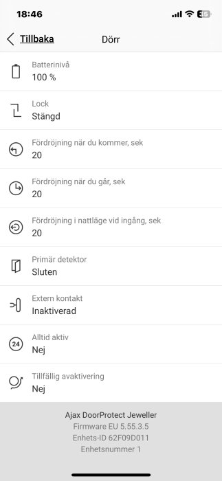 Mobilapp-skärmdump av dörrsensorinställningar, batteristatus, fördröjningsalternativ och systeminformation på svenska.