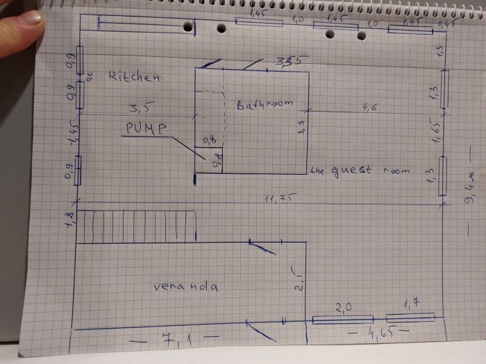 Handritad planritning av rum med mått och anmärkningar, möjlig källarvåning, på rutigt papper.