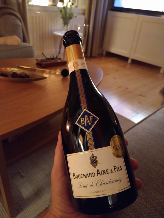 En hand håller en flaska Bouchard Aîné & Fils vin i ett mysigt vardagsrum.