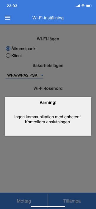 Skärmbild av en enhets Wi-Fi-inställningar med felmeddelande om kommunikationsproblem.