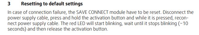 Instruktioner för att återställa SAVE CONNECT-modul till standardinställningar vid anslutningsfel.