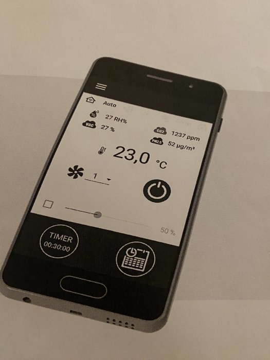 Svartvit bild på en mobiltelefonskärm som visar temperatur, luftfuktighet, CO2, PM2.5-data och en timer.