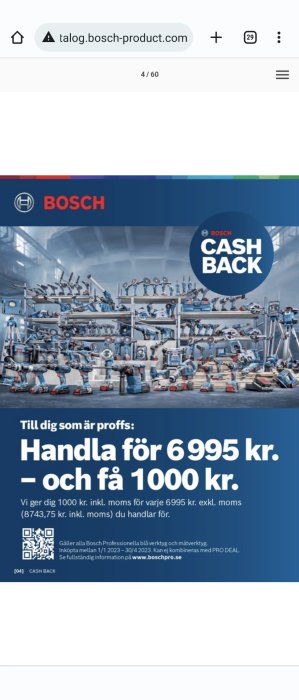 Reklam för Bosch-verktyg, erbjudande om cashback vid köp, industriell miljö i bakgrunden, QR-kod, avsedd för professionella.