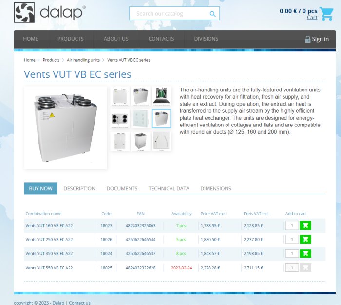 Webbsida som säljer ventilationsenheter med värmetertervinning, produktinformation och priser synliga.