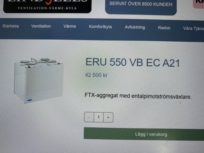 En vit ventilationsenhet, modell ERU 550 VB EC A21, pris 42 500 kr, FTX-aggregat med entalpimotströmsväxlare, onlinebutiksgränssnitt.