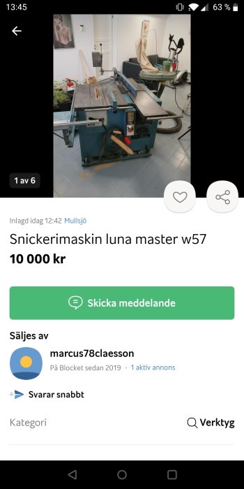 Begagnad snickerimaskin Luna Master W57 till salu, inomhus, verkstadsutrustning, online försäljningsannons.