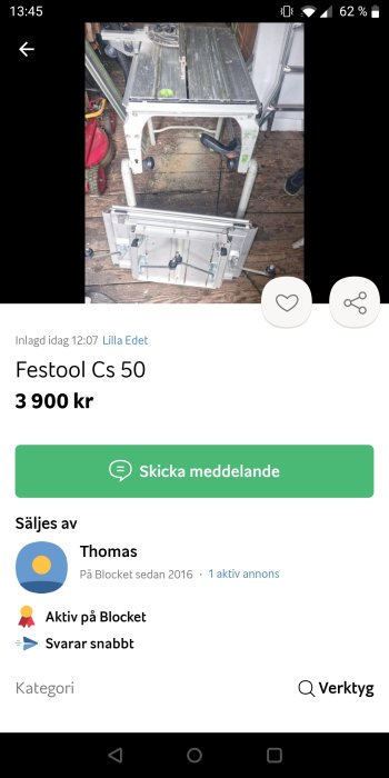 Bordsåg till salu på Blocket, märkt Festool CS 50, pris 3900 kronor, bild visar verktyget och annonsinformation.