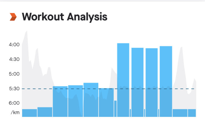 Stapeldiagram och linjediagram, "Workout Analysis", tidsdata per kilometer, nyanser av blått.