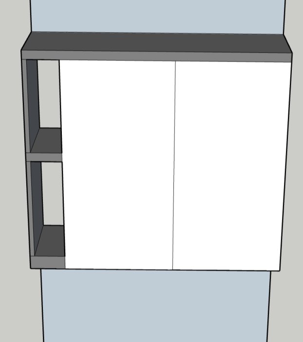 3D-rendering, enkel vit skåpsdesign, öppna hyllor på vänster, stängda dörrar på höger, grå bänkskiva, blå bakgrund.