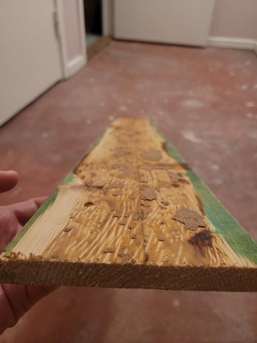 Träbräda med rester av golvlim hålls upp, suddig bakgrund av interiör korridor.