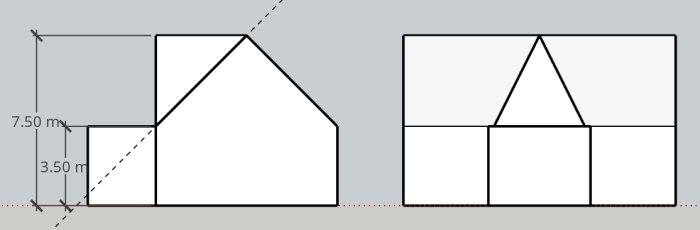 Två ritningar av husfasader med måttangivelser, ena med lutande tak.