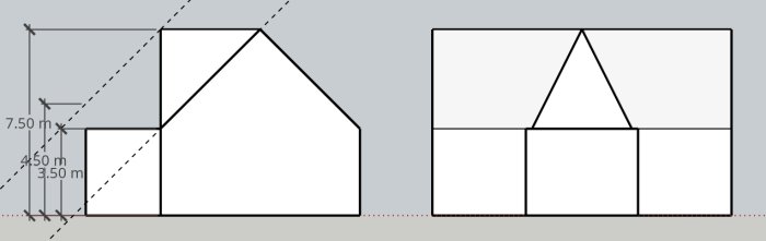 Schematisk ritning av husfasad med dimensioner och olika takhöjder, sedd både framifrån och från sidan.