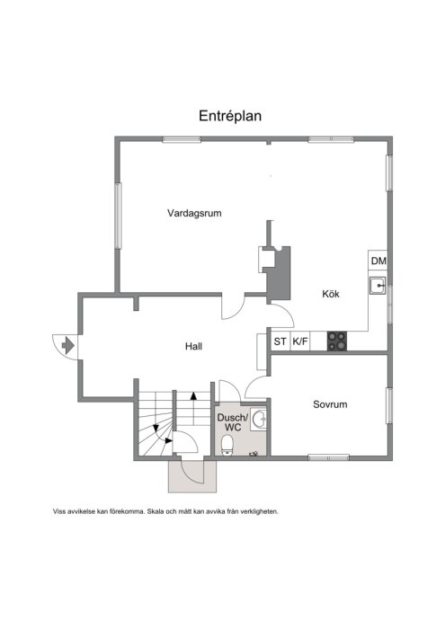 Planritning av en lägenhet med kök, vardagsrum, sovrum, hall och badrum.