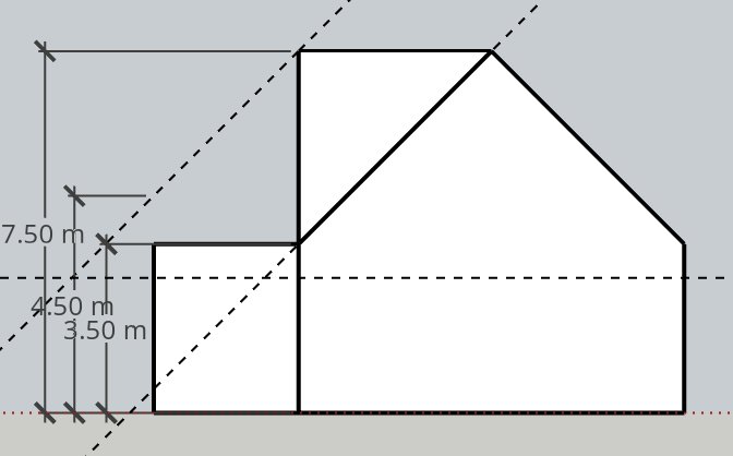 En schematisk ritning av ett hus med måttangivelser, inklusive takhöjd och rumshöjd.