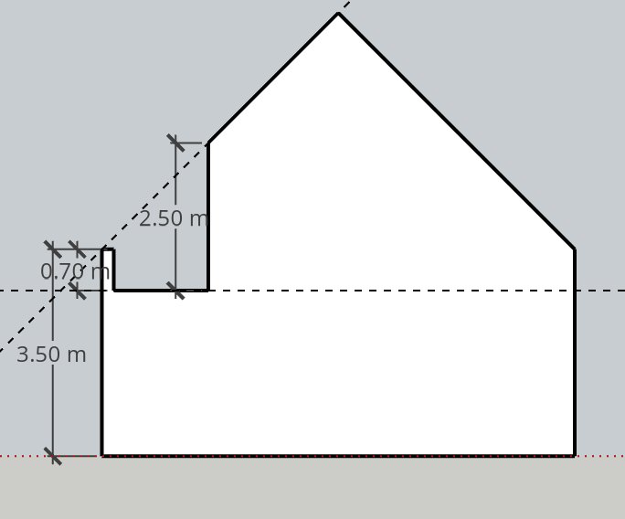 Arkitektonisk ritning av husfasad med måttangivelser, inklusive höjd och utskjutande delar.