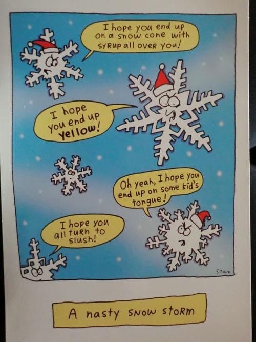 Animerade snöflingor med julsanta-hattar som pratar elakt till varandra, med titeln "A nasty snow storm".