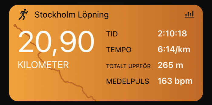 En springapp-display visar löpstatistik: sträcka, tid, tempo, höjdstigning, medelpuls för Stockholm löpning.