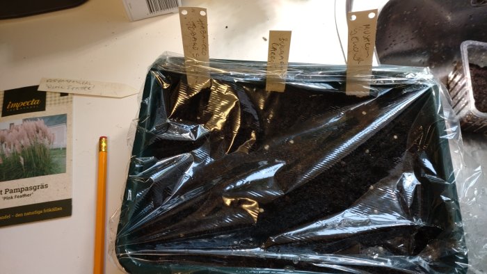 Plantetiketter i jordpåsar, odlingsförberedelse, penna, fröpåse, arbetsyta med smuts.