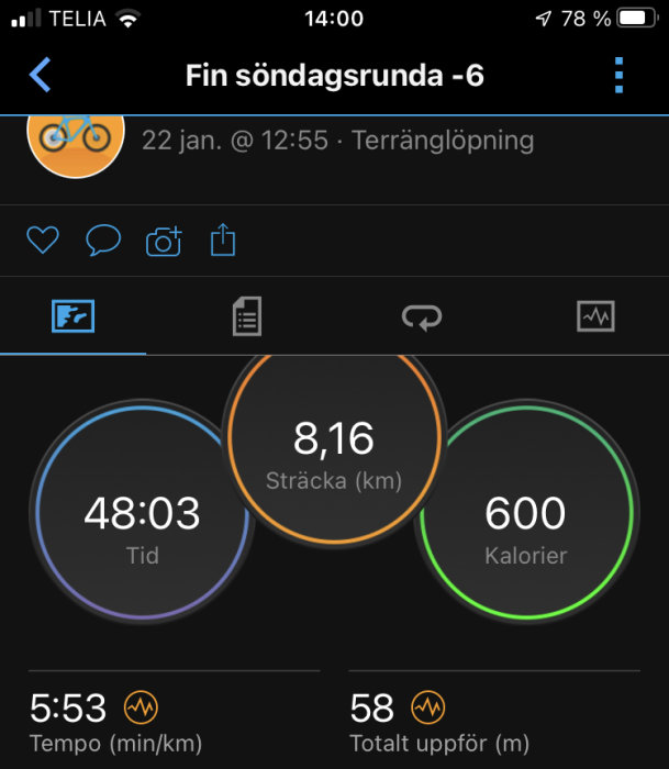 Skärmdump av träningsapp visar terränglöpning, 8,16 km, 48:03 tid, 600 kalorier, 5:53 tempo.