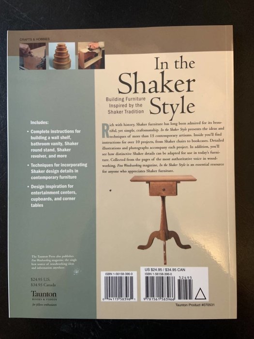 Bokomslag för "In the Shaker Style" om möbeltillverkning, instruktioner, designinspiration, Shakertraditionen, pris och ISBN.